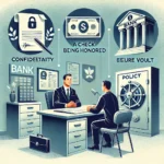 A professional illustration showing duties of a banker at a desk with various symbolic representations. The scene includes documents representing confidentiality, a check being honored, a customer discussing with the banker, and a secure vault in the background. The setting is a clean and organized bank office, with charts and policies displayed on the walls, emphasizing trust and professionalism. The illustration should convey themes of responsibility, trust, and financial security. - Legal Sandook